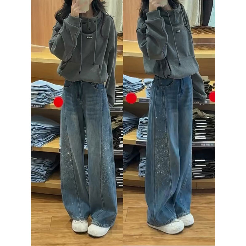 Plus-Size Vintage Rhinestone Curved Hem Jeans for Women, 2026 Autumn, Loose High-Waisted Slimming Straight-Leg Wide-Leg Pants for Curvy Women