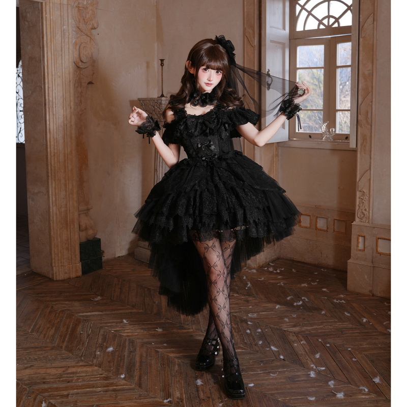 Prayer Snow Lolita Dress Short Front Long Back Black Gothic Style Student Day Party Coming-Of-Age Ceremony Lolita Evening Dress