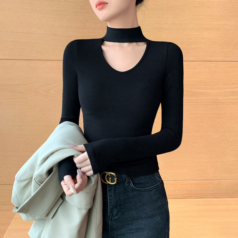 Black Half-High Collar Base Shirt for Women, Autumn and Winter Inner Layer, Slim Fit, Hollow-Out, High-End Feel, Long-Sleeved, Stylish Knit Top for Outerwear Black Half-High Collar Base Shirt for Women, Autumn and Winter Inner Layer, Slim Fit, Hollow-Out, High-End Feel, Long-Sleeved, Stylish Knit Top for Outerwear
