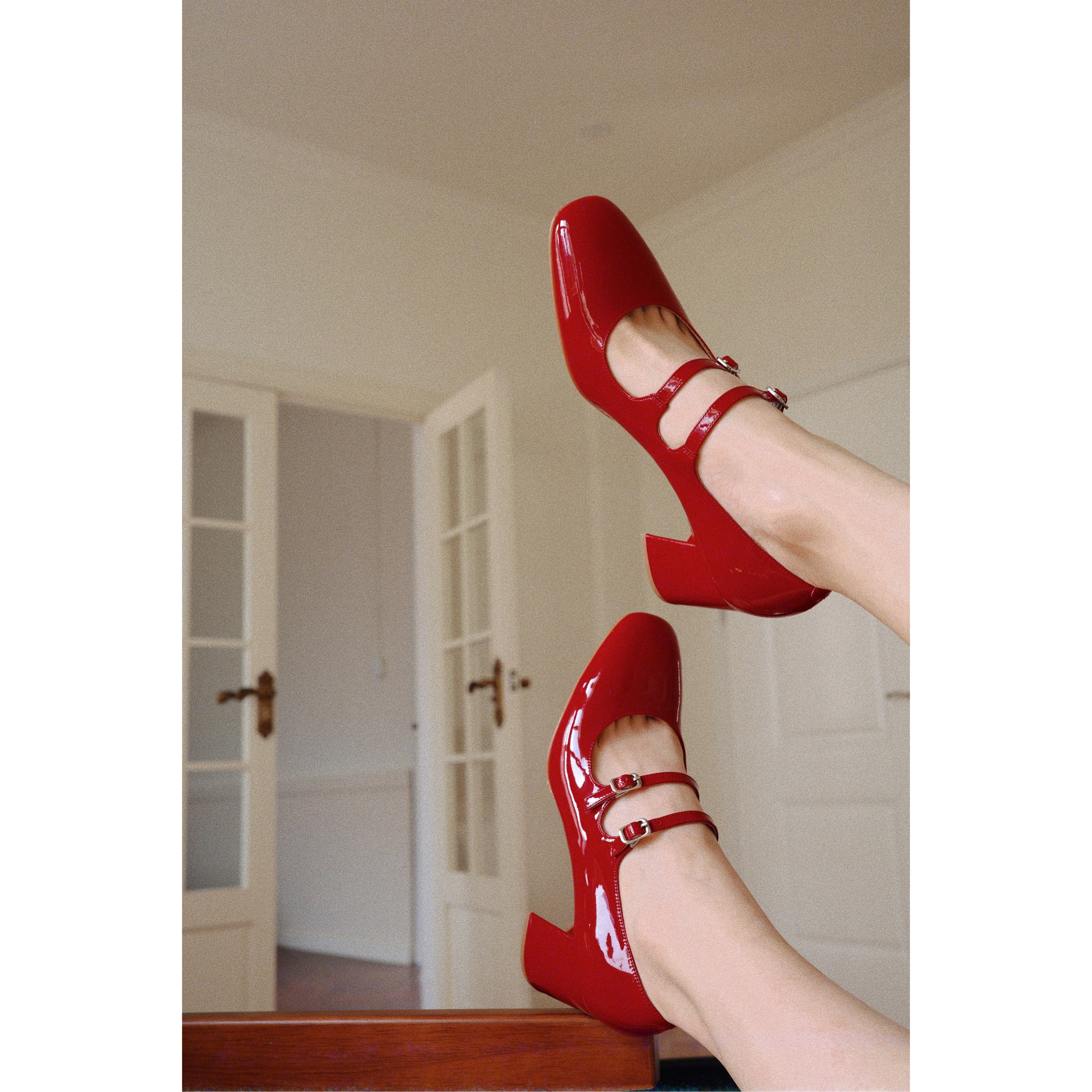 IORE×GS Handmade Cow Paint Leather Cough Heel Mary Jen 2022 New Round Shallow Single Shoes High Heels