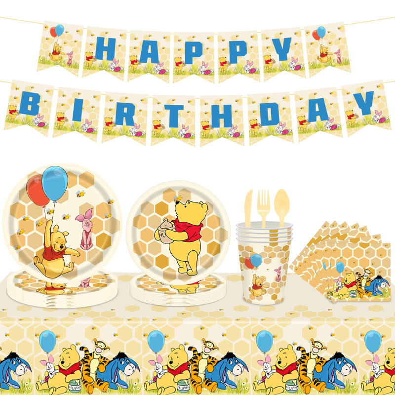 Winnie the Pooh Birthday Party Disposable Paper Cups, Paper Plates, Paper Towels, Flag Banners, Tablecloths, Tableware Set, Decoration Supplies