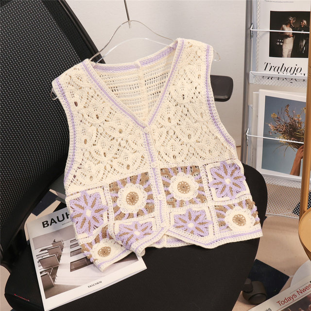 2024 ພາກຮຽນ spring ແລະ summer ແບບໃຫມ່ crochet hollow ຊົນເຜົ່າ sweater ບາງໆ vest chiffon ເສື້ອແມ່ຍິງ vest ຊຸດສອງສິ້ນ