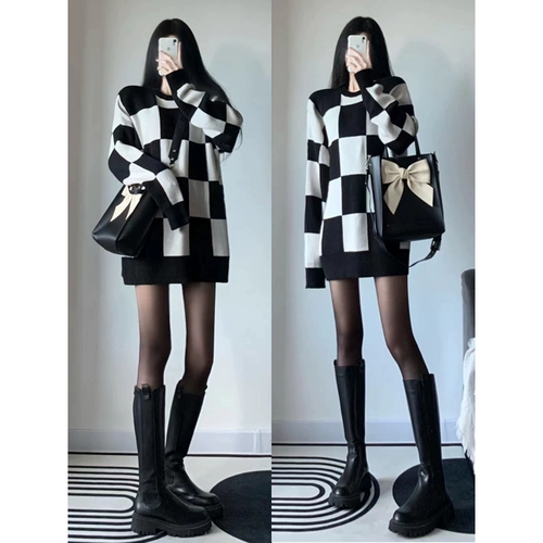 Шахматы, зимний японский атмосферный свитер, оверсайз, изысканный стиль, подходит для подростков