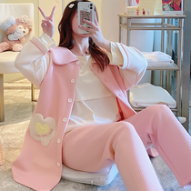 Pregnant womens pajamas autumn and winter cotton postpartum lunar clothes thickened three-piece set 12 months 11 breastfeeding clothes