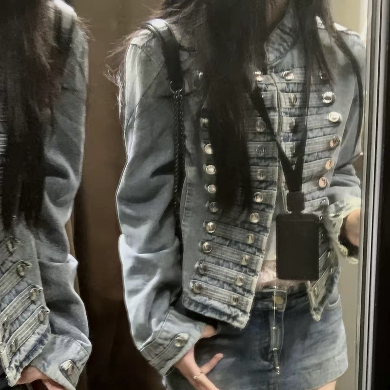 Korean Retro Napoleon Washed Denim Jacket for Women 2026 Early Autumn New Heavy-Duty Double-Breasted Short Jacket