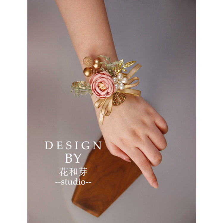 Original Wine Red Champagne Pink Flowers Sentei Leaf Joyful Breasted Bridal Bridal Bridesmaid Group Wrist Florist Ring