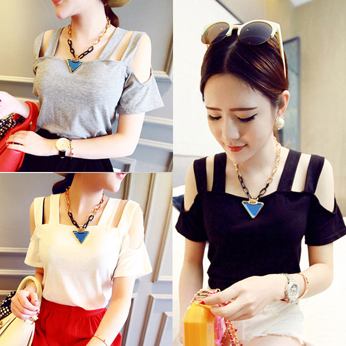 楚楚街9.9元包邮新款九块九唯品会女装清仓露肩吊带短袖T恤上衣夏