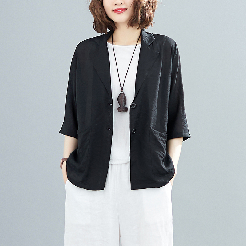 Cotton and Linen Blazer Thin Jacket 2023 Summer Artistic Plus Size Solid Color Casual Versatile Five-Sleeve Sun Protection Air-Conditioning Shirt