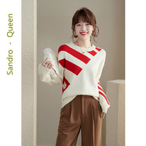 Sandro Queen2021 years Fall new loose sweater woman long sleeve striped knit blouse for autumn and winter