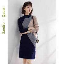 Sandro Queen knit nepotism dress lady 2021 Autumn winter new mid-length plaid sweater dresses