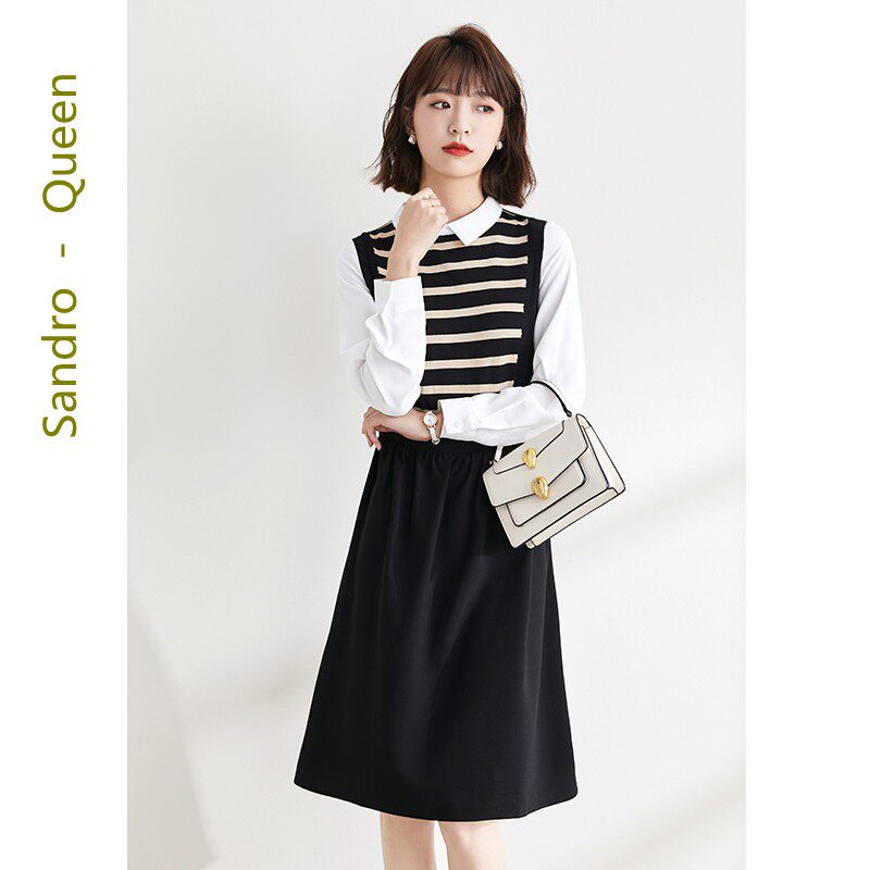 Sandro Queen fake two-piece shirt dress 2021 new long-sleeved striped women's fashion stitching long skirt