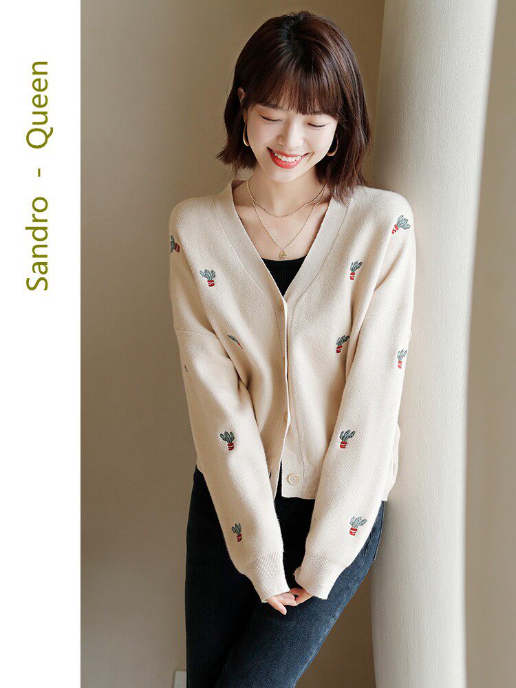 Sandro Queen2021 autumn new knitted sweater cardigan autumn and winter knitted sweater long-sleeved women's trendy jacket