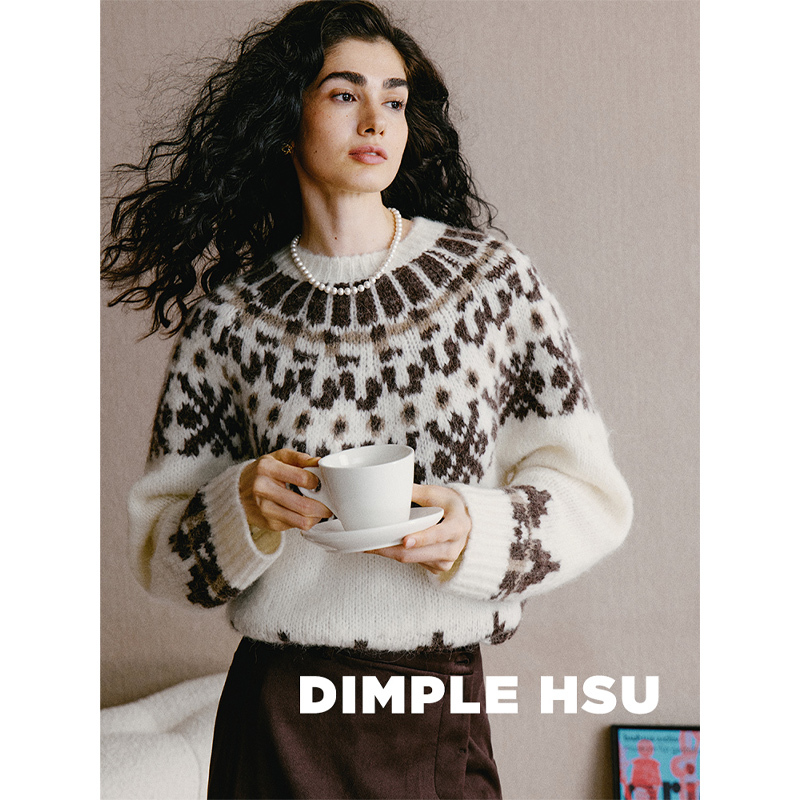 Winter Limited Edition Romantic Fair Isle Jacquard Sweater 3-Gauge Knit Wool Alpaca Light Warm Soft S36431 Now Available