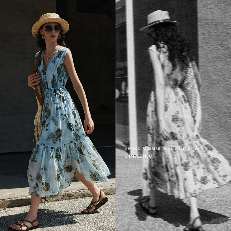 Old Money Style Capri Fashion Grade Ramie Slimming Waist V-Neck Sleeveless Dress Q37374 Now Available