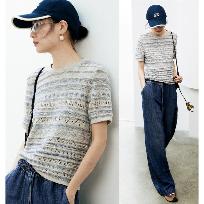 Vintage High-End Summer Thin Breathable Bamboo Cotton Linen Sequin Yarn Hollow-Out Loose Knit Sweater S38861