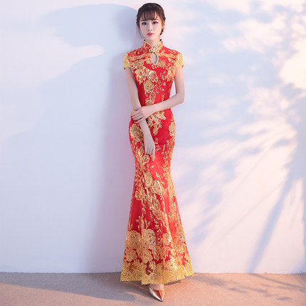 新娘敬酒服2019春夏季新款女中式婚纱鱼尾红