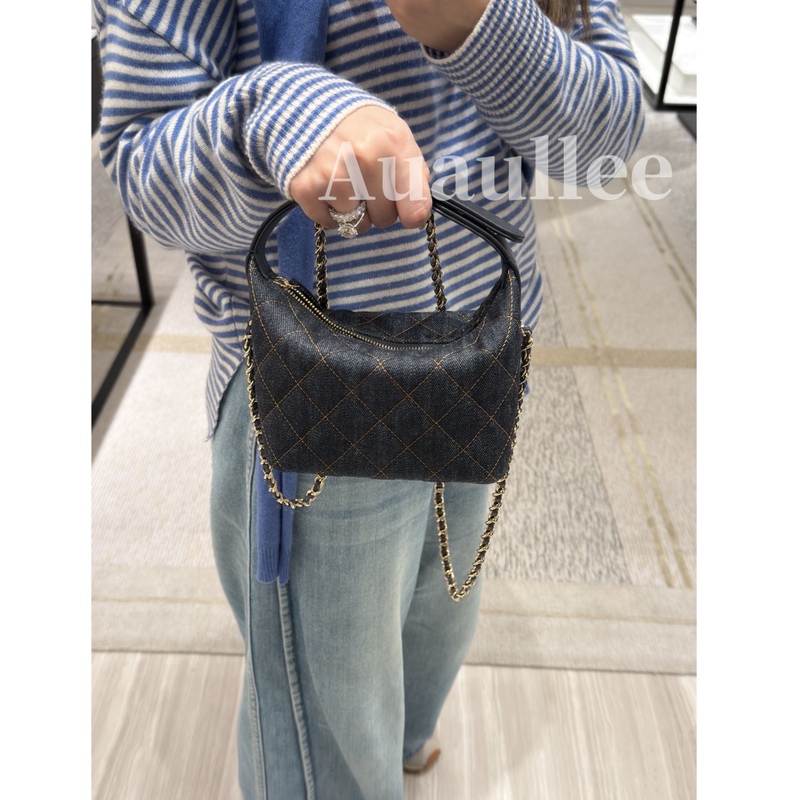 Auaullee Has an Unbeatable Texture! 26P Dark Blue Denim Lunch Box Hobo Quilted Chain Shoulder Crossbody Handbag