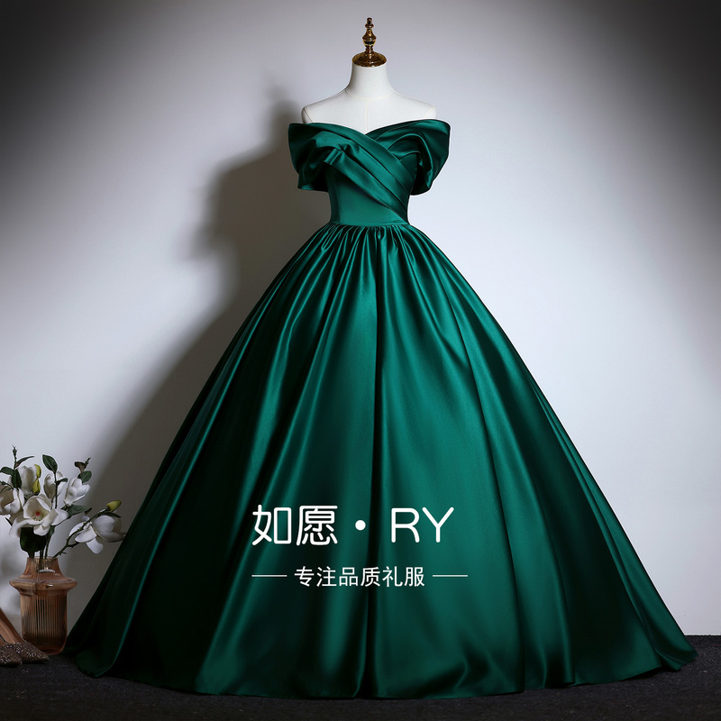 French-Style Green Satin 18Th Birthday Evening Dress, Art Exam Solo Piano Performance Dress, High-End Light Luxury Off-Shoulder French-Style Green Satin 18Th Birthday Evening Dress, Art Exam Solo Piano Performance Dress, High-End Light Luxury Off-Shoulder
