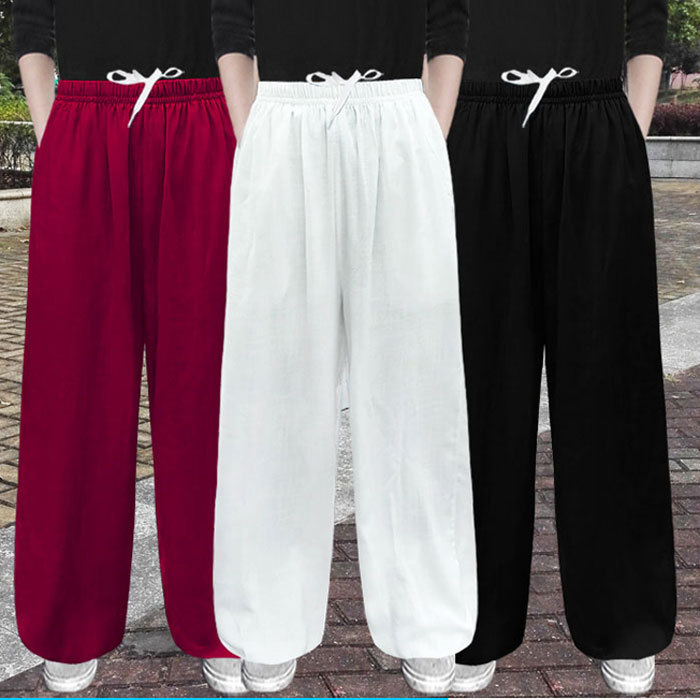 Chen Jiayou Cotton and Linen Tai Chi Pants for Women, Spring and Summer Linen Bloomers, Middle-Aged and Elderly Loose Martial Arts Kung Fu Pants, Anti-Mosquito Pants for Men