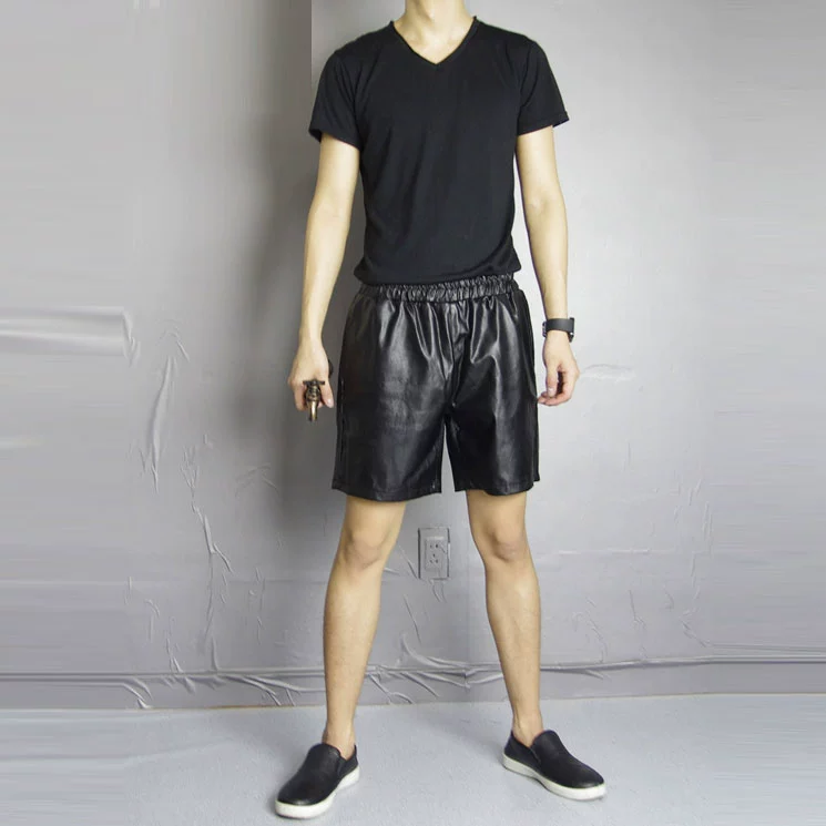 Mùa xuân và mùa hè đặc biệt quần da nam phần mỏng pu leather shorts Hàn Quốc phiên bản của triều đàn hồi eo năm điểm quần da lỏng hip hop avant-garde