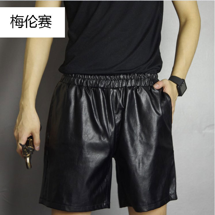 Spring and Summer Special Leather Pants for Men, Thin Pu Leather Shorts, Korean Style Trendy Elastic Waist Five-Point Leather Pants, Loose Hip-Hop Avant-Garde Spring and Summer Special Leather Pants for Men, Thin Pu Leather Shorts, Korean Style Trendy Elastic Waist Five-Point Leather Pants, Loose Hip-Hop Avant-Garde