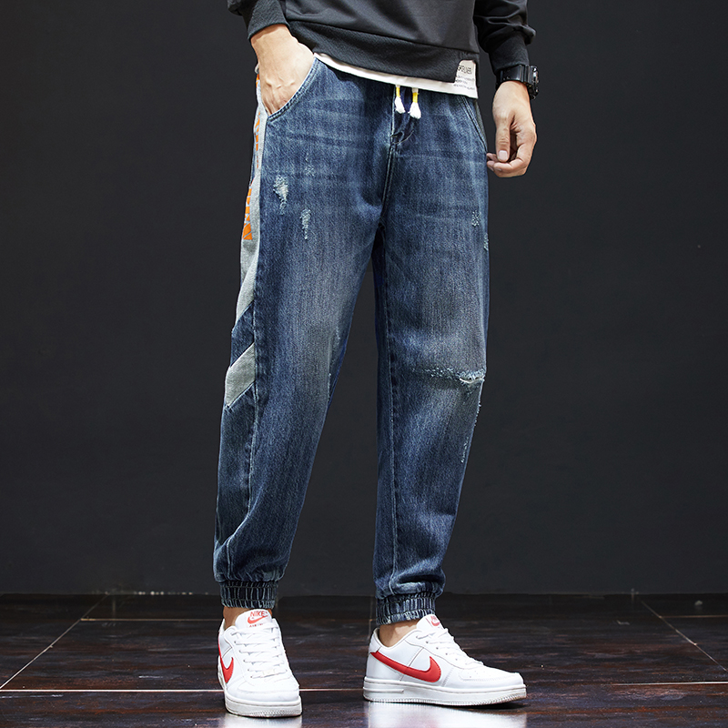 Tide brand ripped jeans men's loose bundle feet Harlan nine points Japanese trend beggar fashion casual stitching straight - Taobao