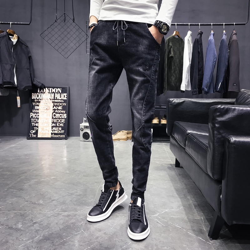 Tide brand jeans men's loose straight small feet stitching Korean version trend spring and autumn casual black men's jeans