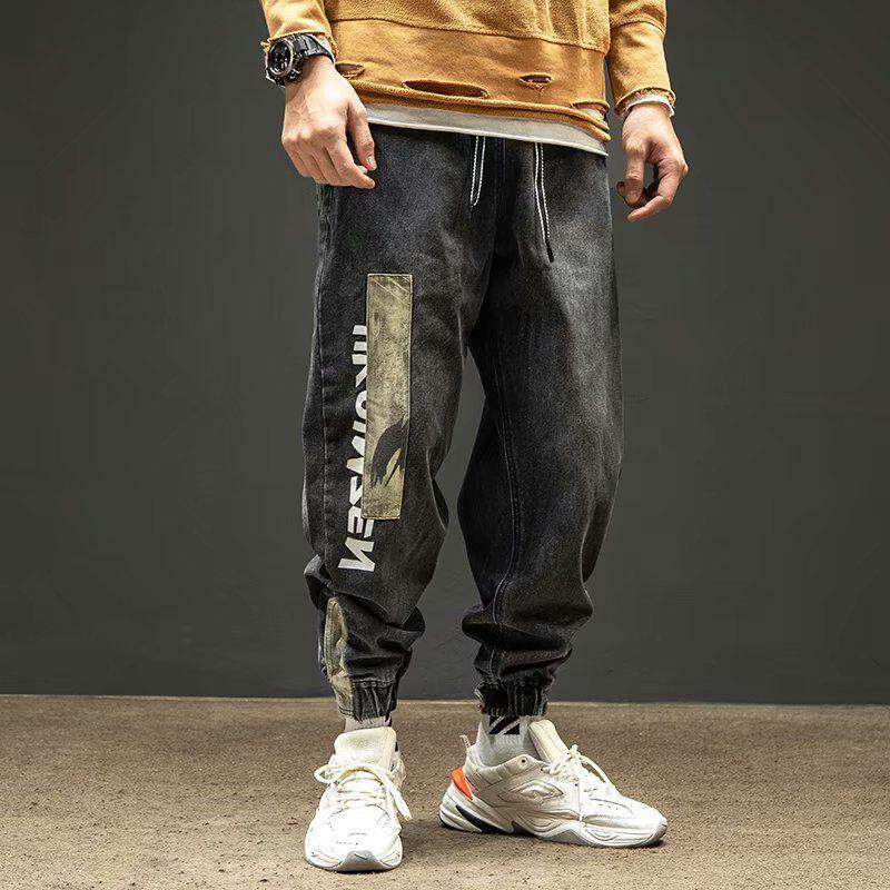 Tide brand tooling jeans men's loose straight autumn retro splicing camouflage Velcro strap pockets leggings - Taobao