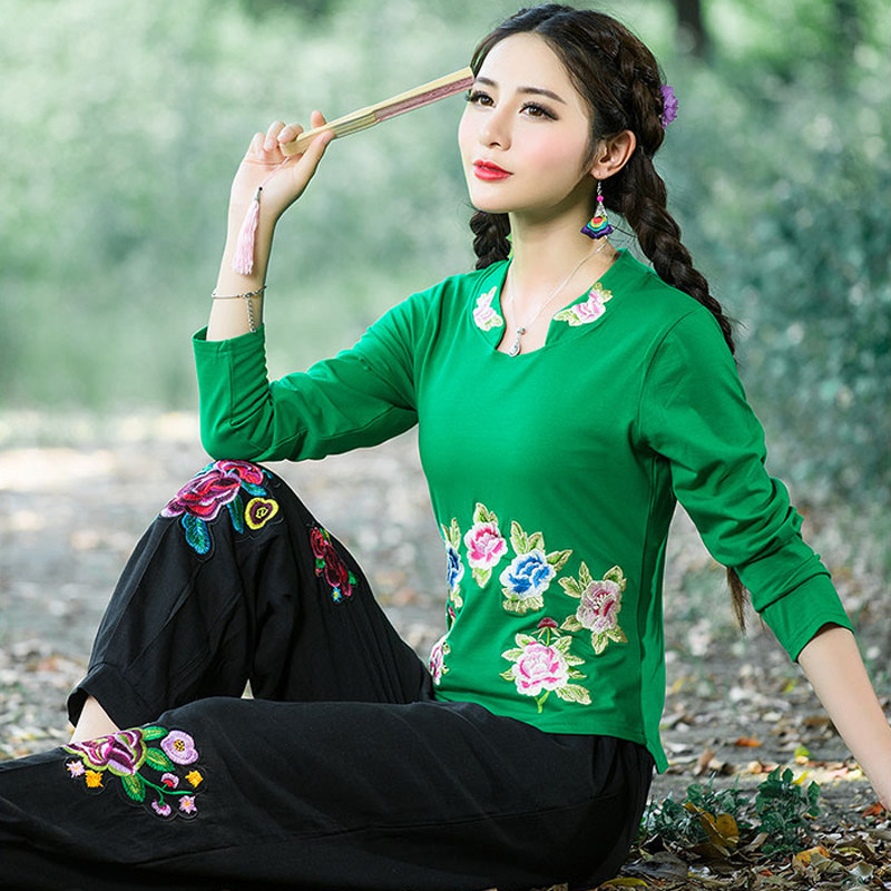 民族风女装秋装刺绣T恤上衣+长裤两件套中国风绣花阔腿裤棉麻套装