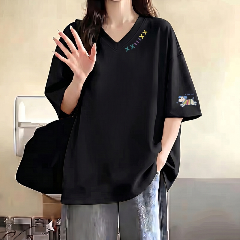 Ins Plus Size 150kg Summer New Pure Cotton T-Shirt Women's Short-Sleeved Oversize American Retro Niche V-Neck Top Ins Plus Size 150kg Summer New Pure Cotton T-Shirt Women's Short-Sleeved Oversize American Retro Niche V-Neck Top