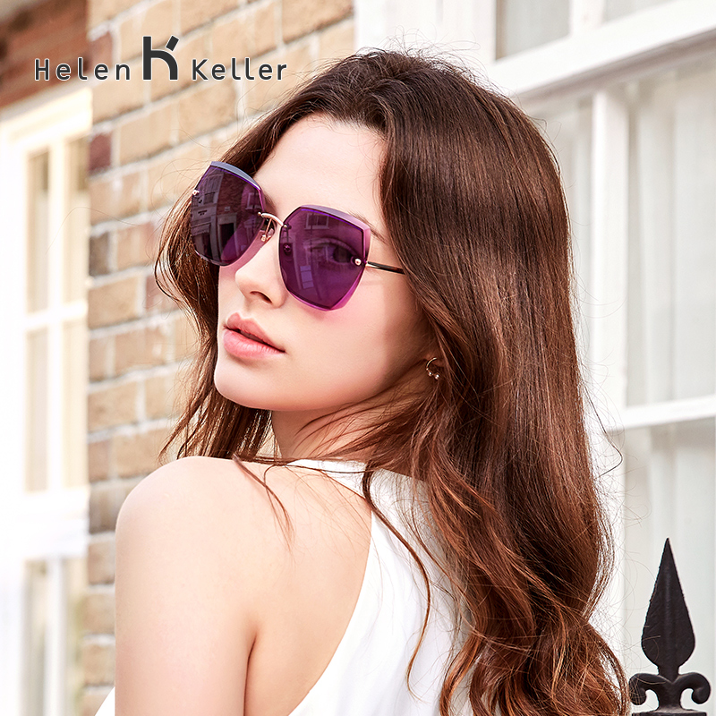 Helen Keller rimless polarized sunglasses female large frame star with trimmed brand sunglasses female tide round face 8918