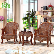 Balcony solid wood Real rattan casual table and chair combination household rattan chair coffee table three-piece set single guest backrest chair