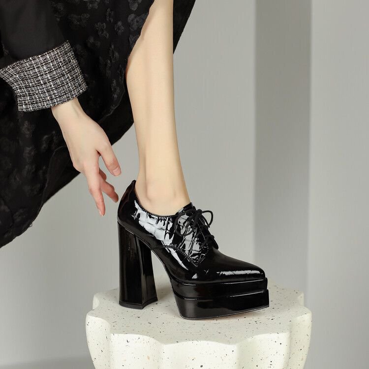 Elegant Pointed-Toe Lace-Up High-Heeled Shoes for Women, 2025 Spring New Style, Soft Leather, Ultra-High Heel, Waterproof Platform, Thick Sole, Deep-Cut Single Shoes Elegant Pointed-Toe Lace-Up High-Heeled Shoes for Women, 2025 Spring New Style, Soft Leather, Ultra-High Heel, Waterproof Platform, Thick Sole, Deep-Cut Single Shoes
