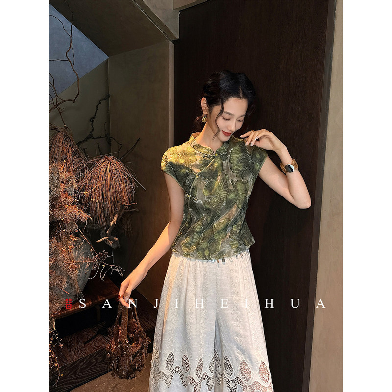 [Summer Fan Exclusive] Sanji Heihua [Late Glow] New Chinese Style Brocade Silk Gold Tie-Dye Cheongsam Top
