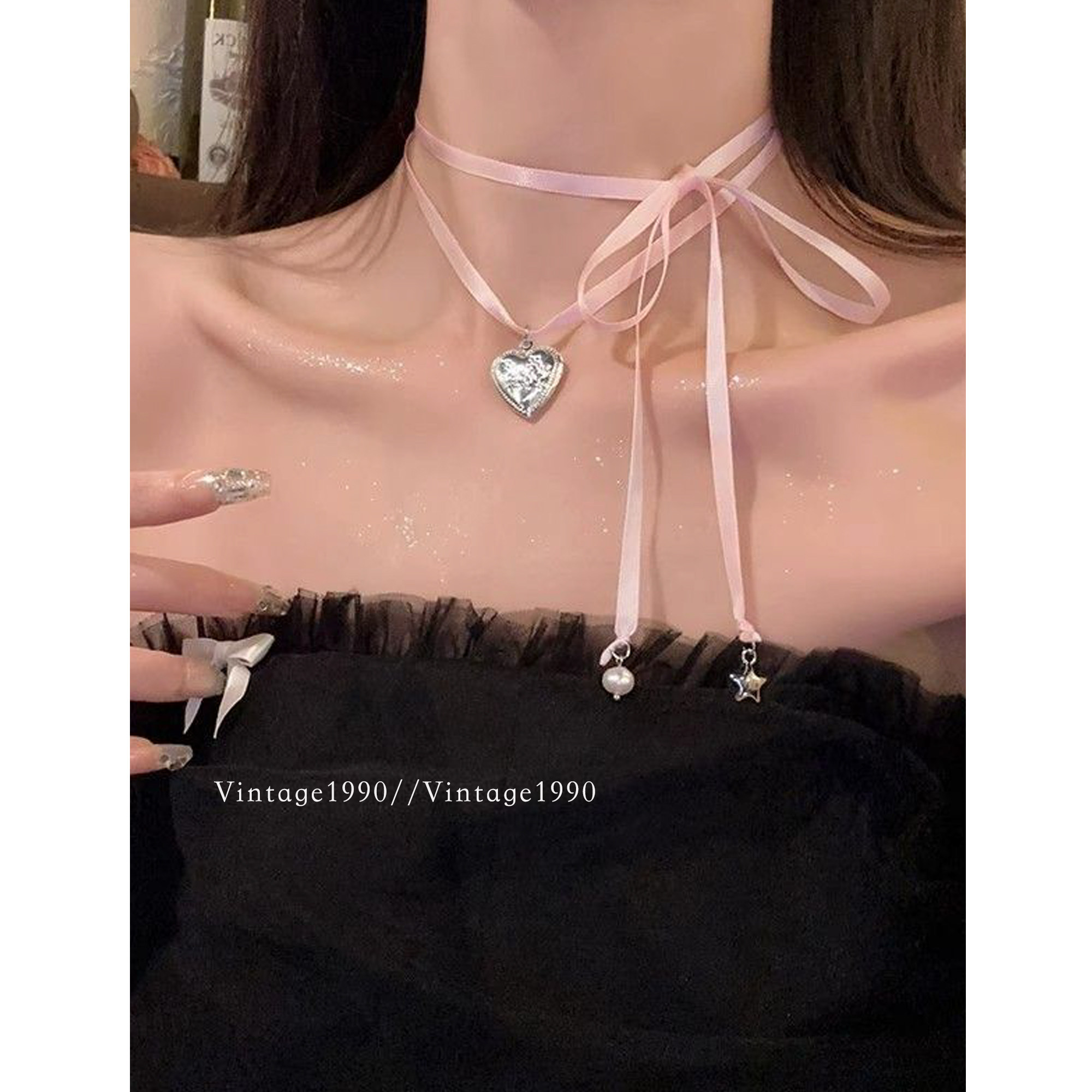 vin90 Pink Ribbon Tie Pink Heart Necklace Choker Ballet Style Neck and Collarbone Accessory