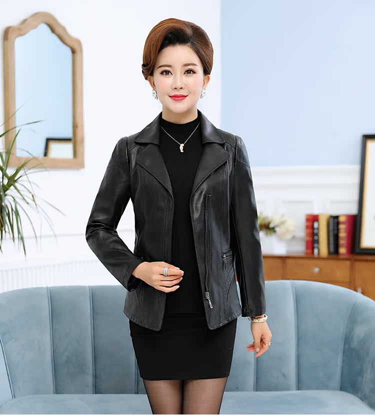 Mẹ mùa xuân và mùa thu da Phụ nữ pu Pew Áo khoác ve áo Trung niên Kích thước lớn Phụ nữ áo khoác da nhỏ - Quần áo da áo khoác da nữ zara