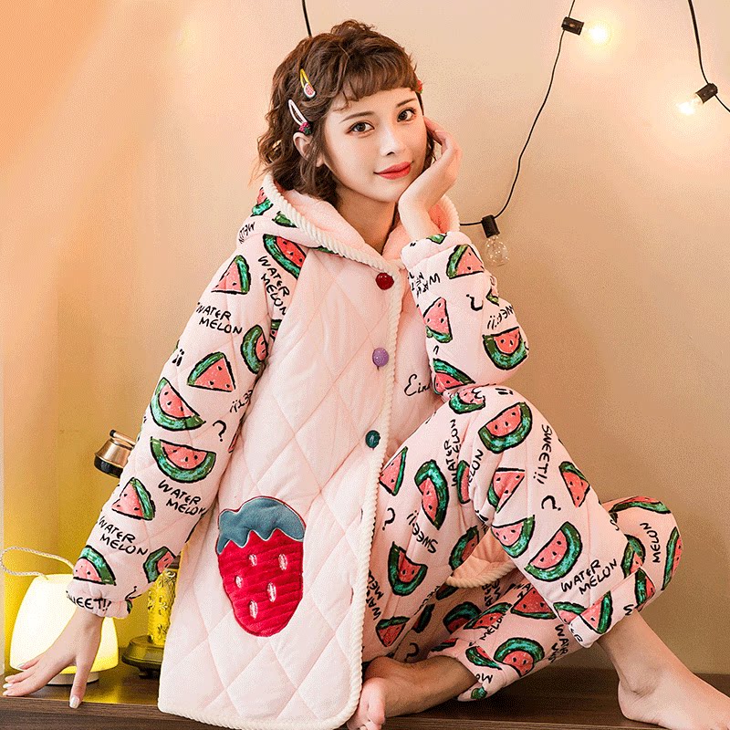 Pajamas women in autumn winter sweet coral and loose edition of cute thickness flannel suit student home suit