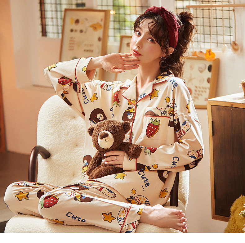 fy fangyi sleepwear lady spring autumn 2021 new pure cotton long sleeve elastic small bear summer home suit suit