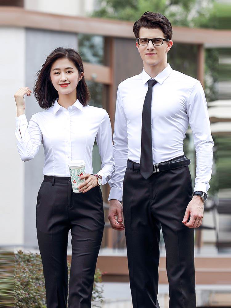 Warm plus velvet men and women with the same business wear jewelry hotel front desk work clothes formal dress interview long-sleeved shirt autumn and winter