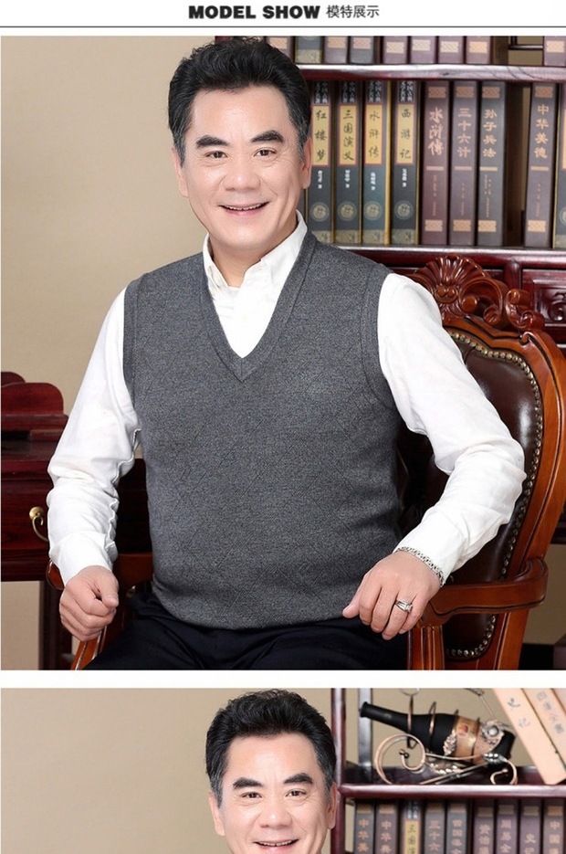 Đàn ông trung niên giản dị màu rắn cổ chữ V đan áo vest nam trung niên gà trái tim cổ áo dệt kim áo vest đen