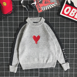 Shirashima languid style sweater retro Harajuku BF style loose Pullover love embroidery couple's men's and women's knitw