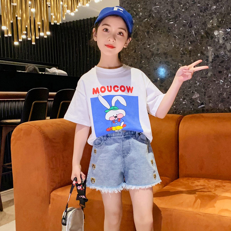 Girl Short Sleeve T-shirt Pure Cotton Summer 2022 New Loose Foreign Palate Dress Half Sleeve Child Summer Dress Blouse Tide
