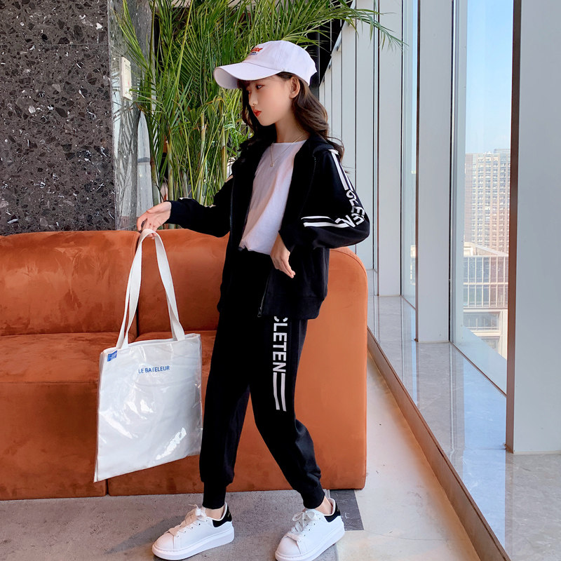 Girl Spring Clothing Suit 2022 New Foreign Pie Children Trendy Internet Red CUHK Child Spring Autumn Season Sportswear Two Sets