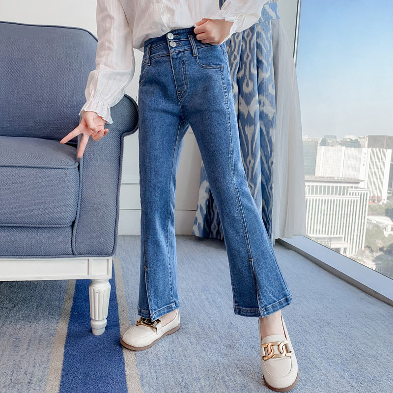 Girl Jeans Spring Autumn 2022 New Autumn Clothing Foreign Pie Long Pants Korean Version Trendy Children Open Fork Horn Pants Tide