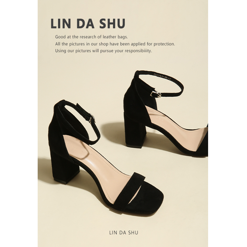 【Uncle Lin】One-Strap Mid-Heel Sandals for Women, Summer 2026 New Style, Square Toe, Open Toe, Chunky Heel, High Heels, Black