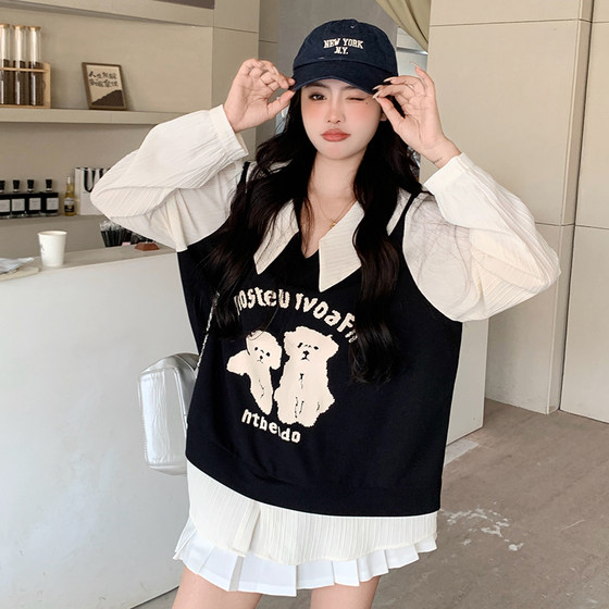 UU安娜新款大码女装夏装上衣假两件印花衬衫减龄学院风春夏季上衣