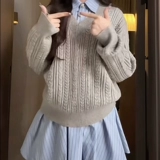 Лонгслив, свитер, приятная телу синяя рубашка, комплект, с вышивкой, V-образный вырез, по фигуре