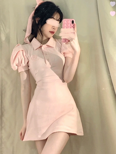 Милый сексуальный приталенный корсет для принцессы, платье, французский стиль, воротник поло, рукава фонарики, А-силуэт