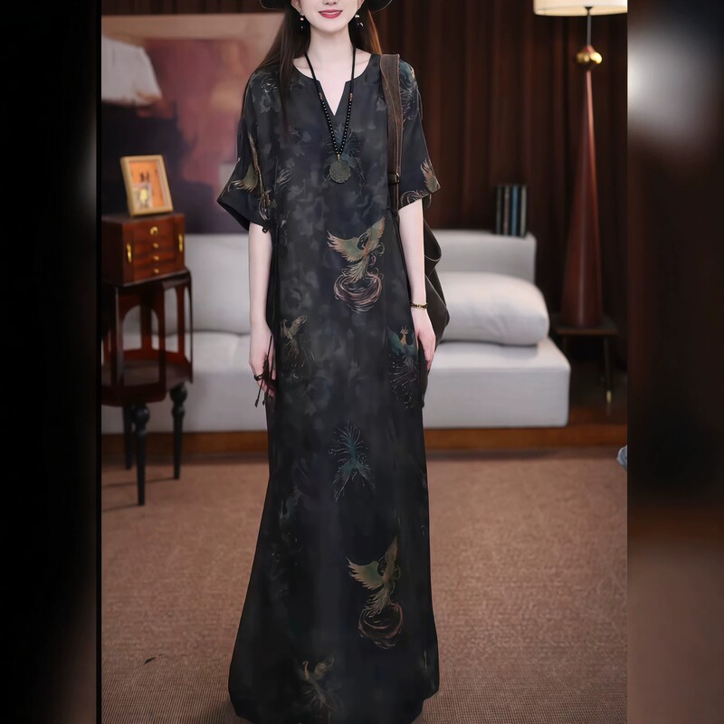 Dress for Women, Summer, Black, High-End, New Chinese Style, Long Dress, Plus Size, Slimming, Unique Design, Non-Repetitive Style