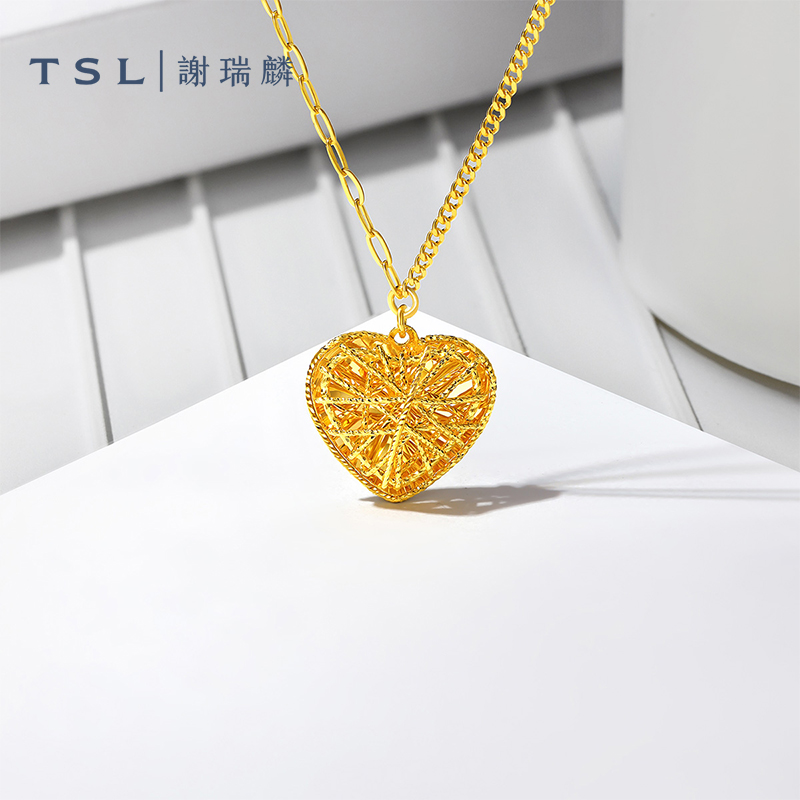 TSL谢瑞麟爆闪花丝系列爱心黄金项链5G工艺足金手饰计价新品XP887